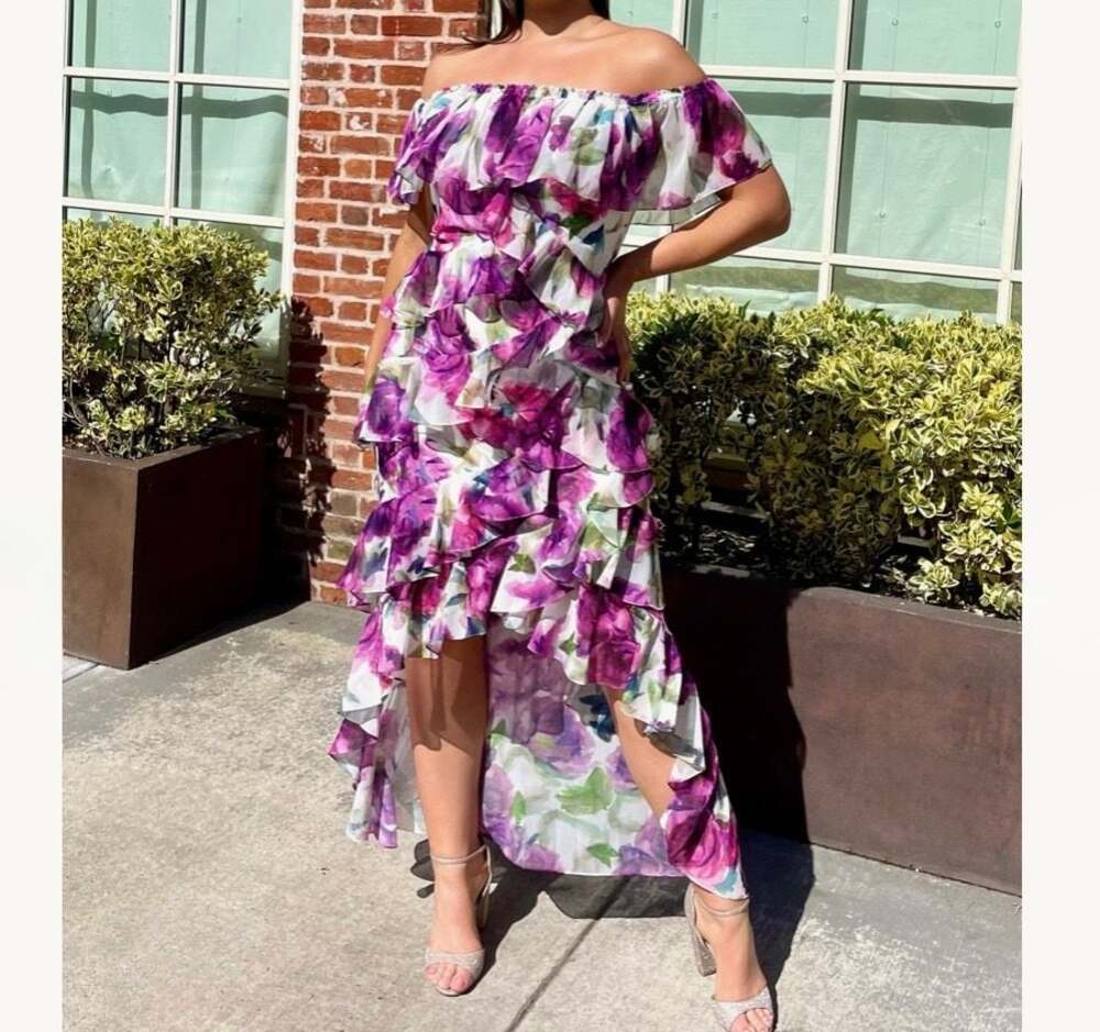 NWOT Badgley Mischka Floral Ruffle Off-the-Shoulder Hi/Lo Gown size 6